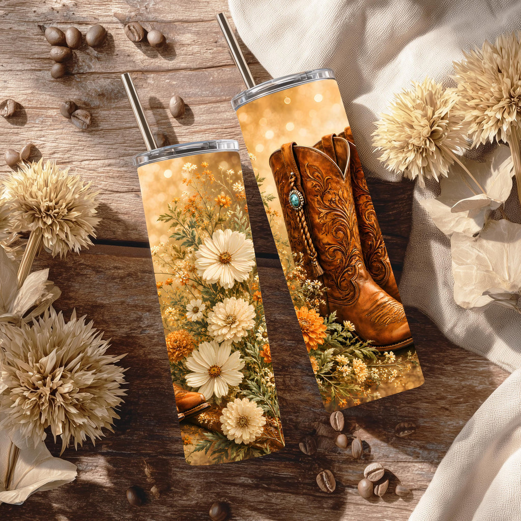 Western Cowboy Boots & Wildflowers 20 oz Skinny Tumbler | Rustic Cowgirl Stainless Steel Travel Cup | Floral Western Drinkware