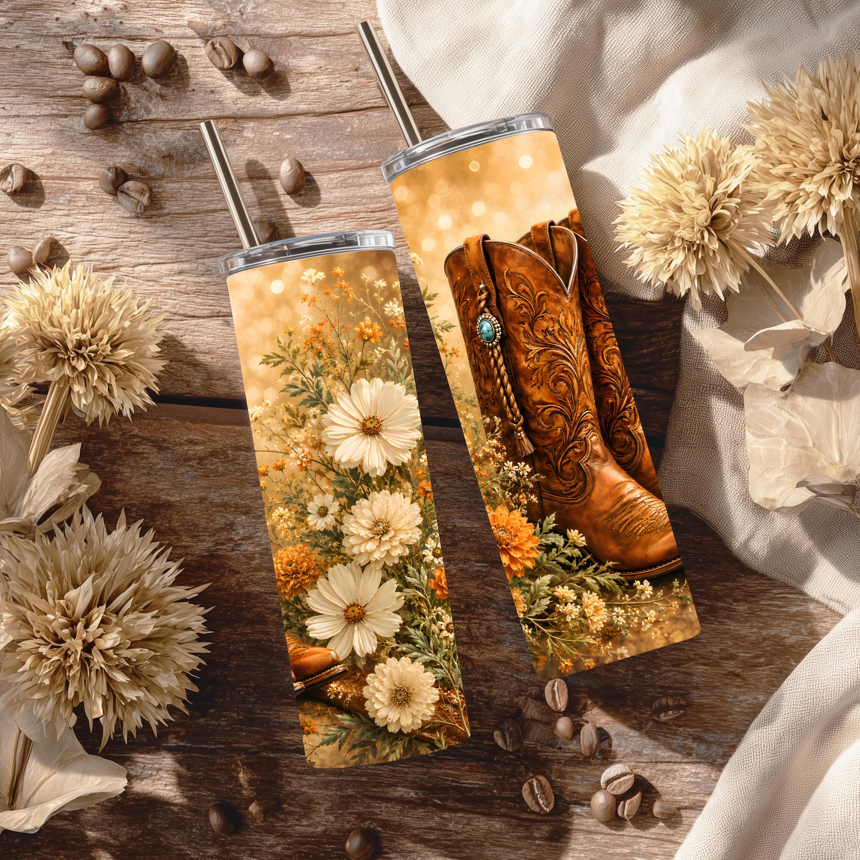 Western Cowboy Boots & Wildflowers 20 oz Skinny Tumbler | Rustic Cowgirl Stainless Steel Travel Cup | Floral Western Drinkware