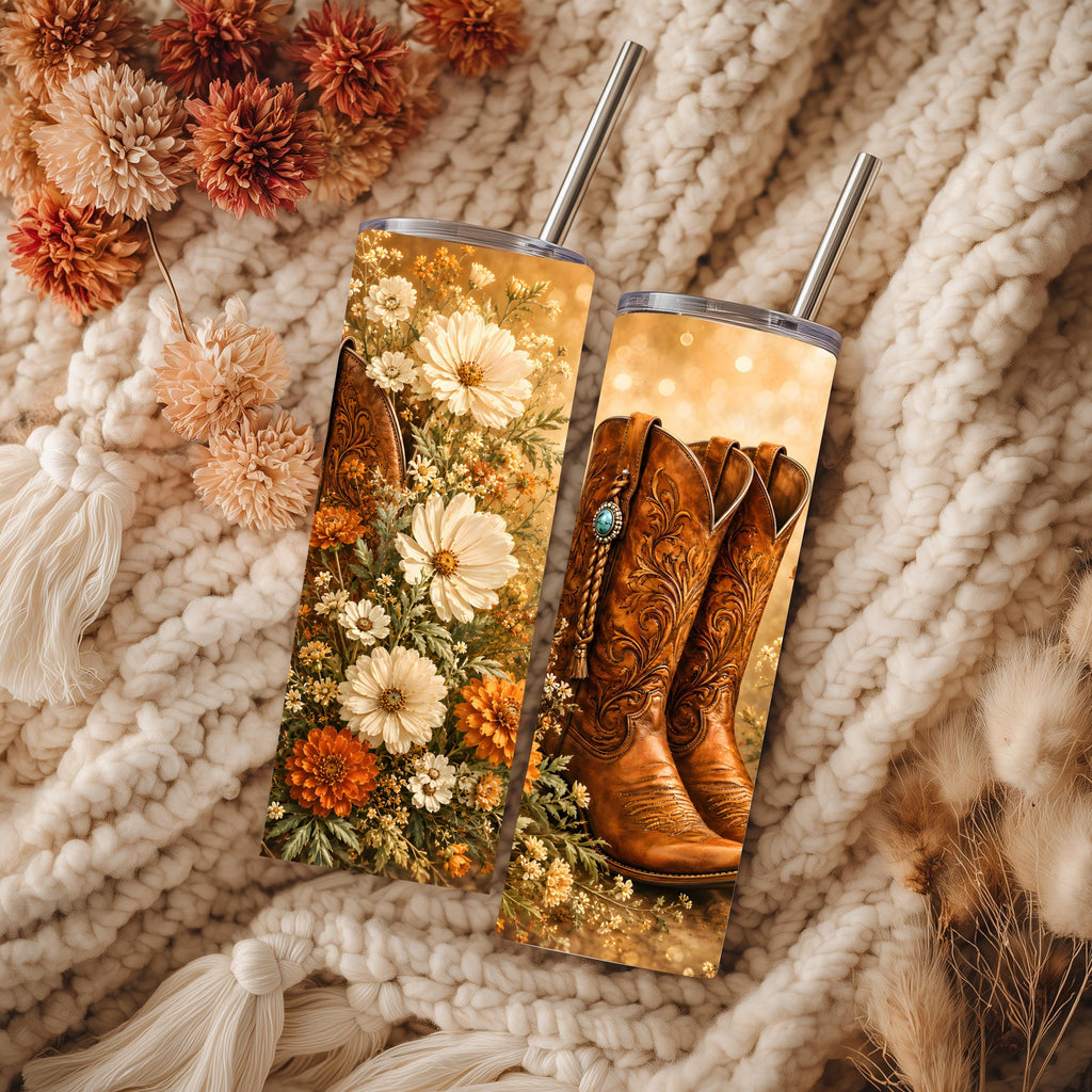 Western Cowboy Boots & Wildflowers 20 oz Skinny Tumbler | Rustic Cowgirl Stainless Steel Travel Cup | Floral Western Drinkware
