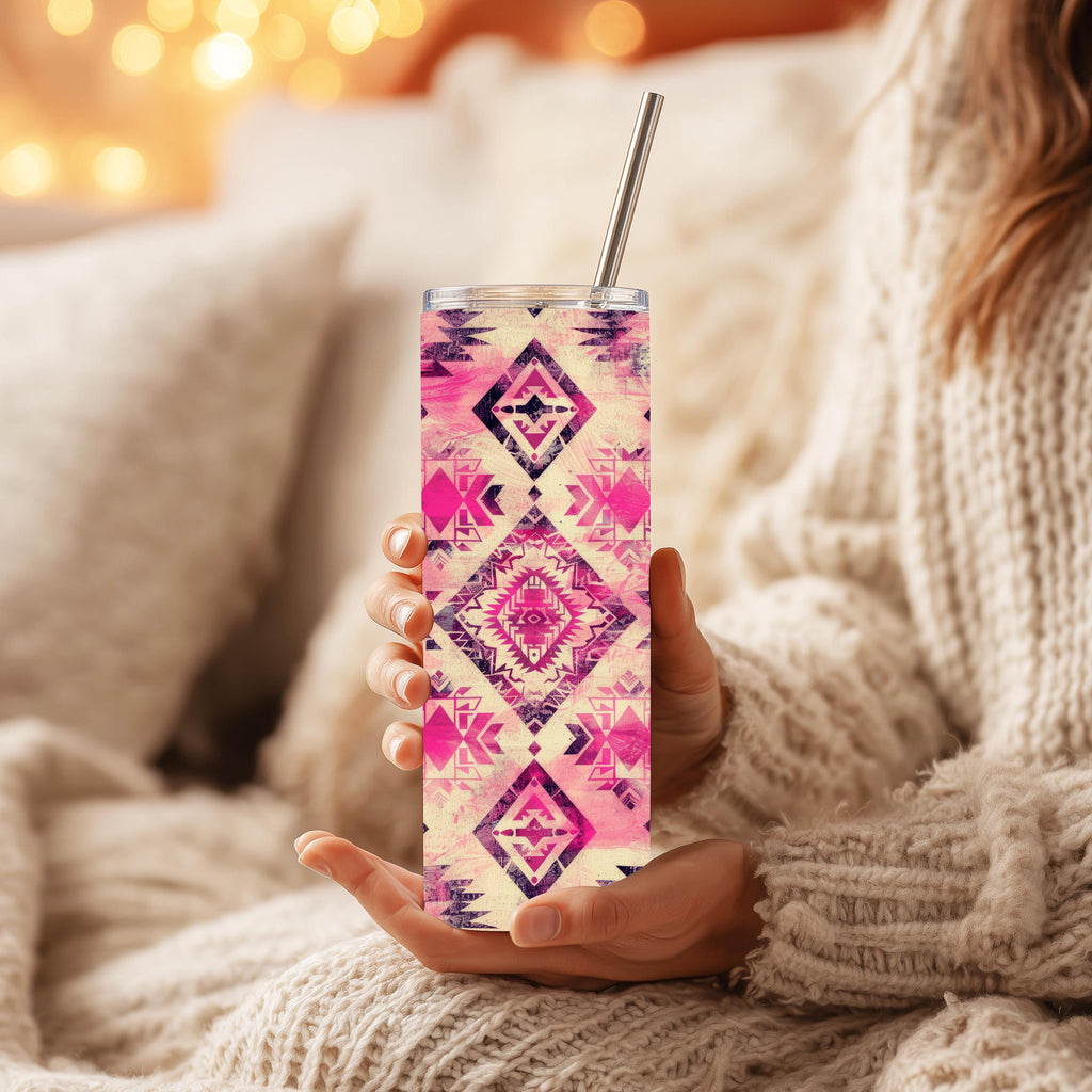 Pink & Purple Aztec 20 oz Skinny Tumbler | Southwestern Western Tumbler | Boho Stainless Steel Travel Cup | Cowgirl Drinkware