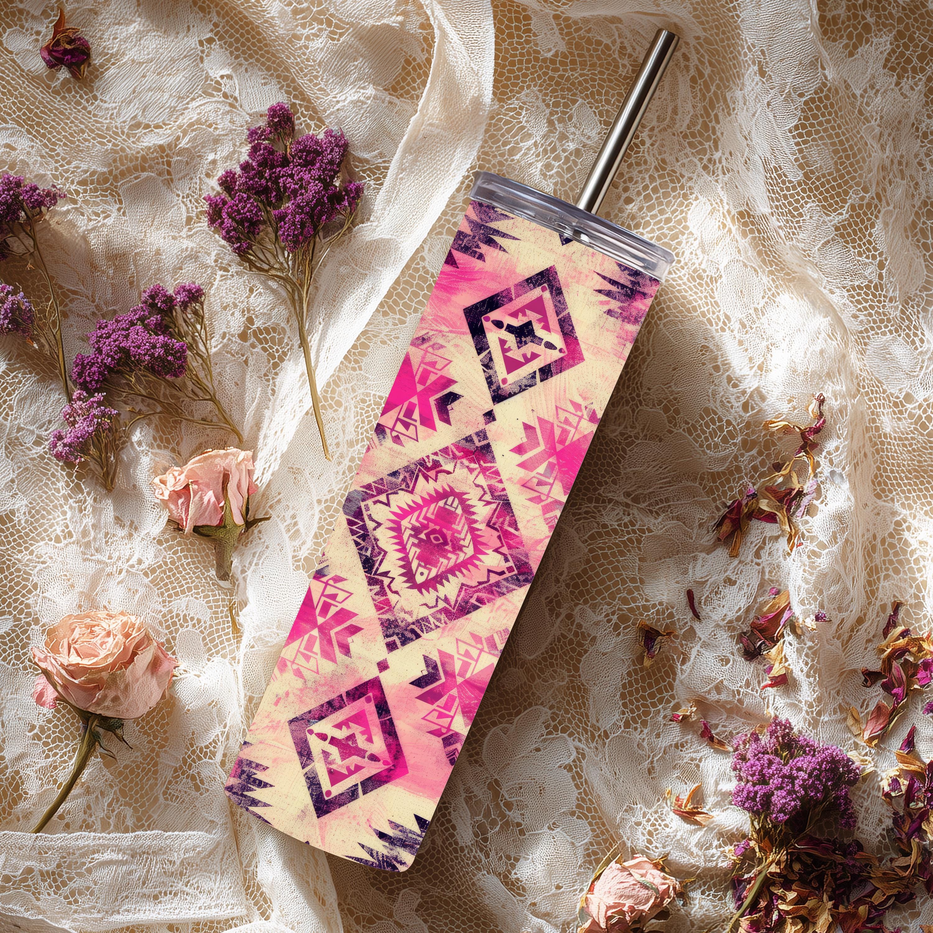 Pink & Purple Aztec 20 oz Skinny Tumbler | Southwestern Western Tumbler | Boho Stainless Steel Travel Cup | Cowgirl Drinkware