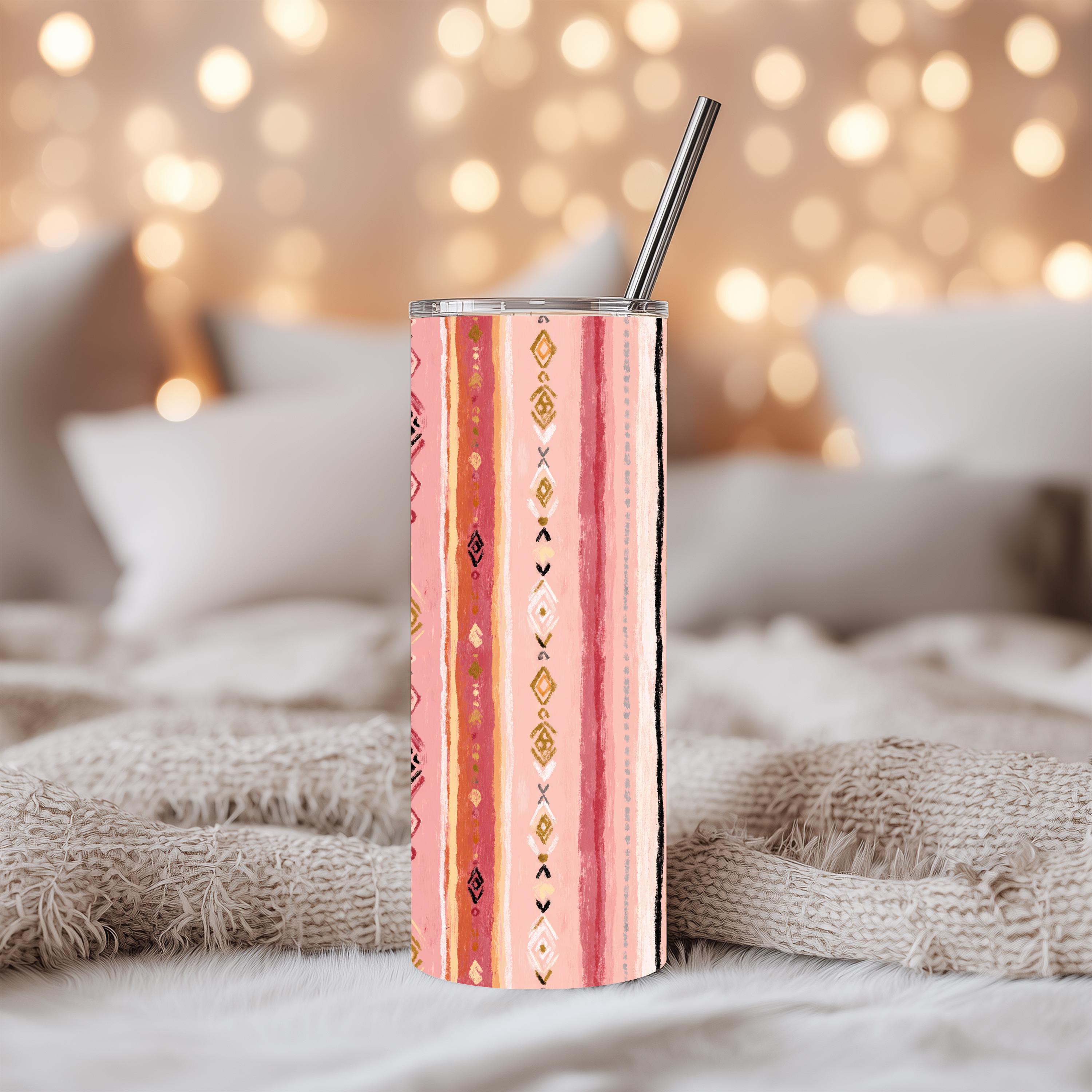 Blush Pink Boho Stripe 20 oz Skinny Tumbler | Southwestern Western Tumbler | Boho Stainless Steel Travel Cup | Cowgirl Drinkware