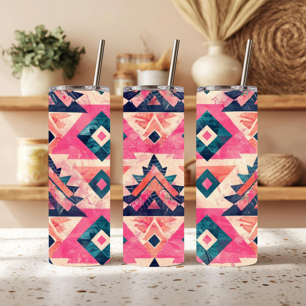 Pink & Teal Aztec Tumbler | 20 oz Skinny Tumbler | Southwestern Tumbler | Western Travel Mug | Boho Native Inspired Cup