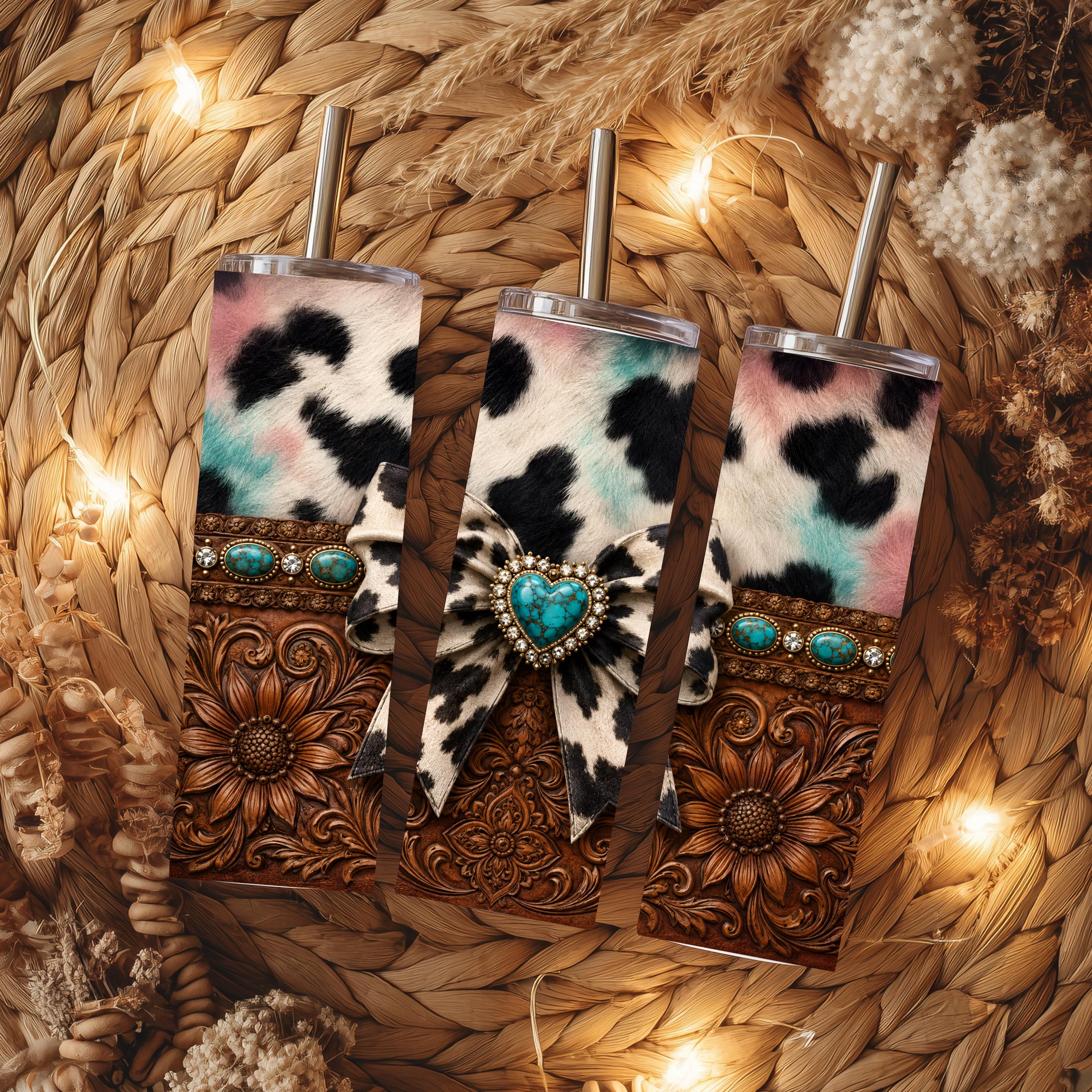 Western Cow Print Tumbler | 20 oz Skinny Tumbler | Tooled Leather Sunflower Tumbler | Turquoise Bow Travel Mug | Cowgirl Gift