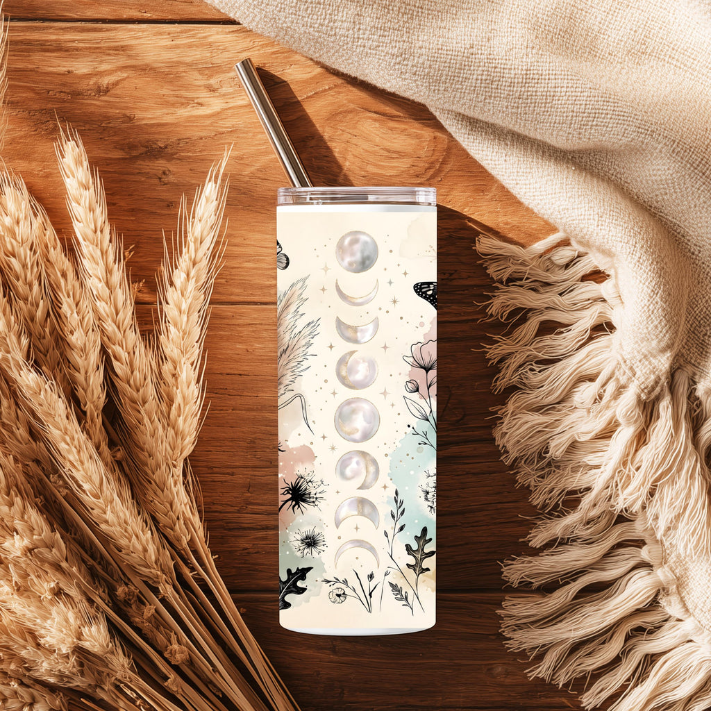 Celestial Moon Phase Tumbler | Boho Watercolor Floral Travel Mug
