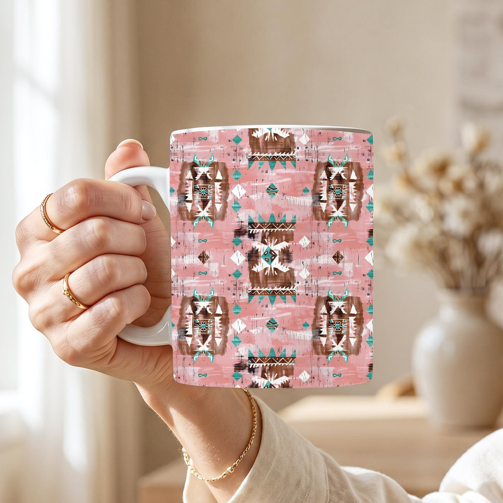 Pink Southwestern Mug Set – Set of 4 | 11 oz Ceramic Coffee Mugs