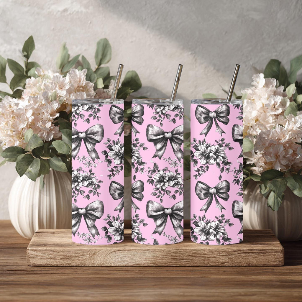 Black & White Floral Bow Tumbler – 20 oz Skinny Tumbler Comes in Pink or White