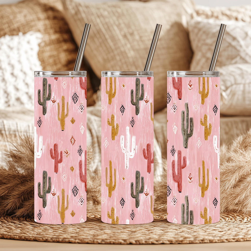 Pink Cactus 20 oz Grip Handle Tumbler | Western Travel Mug | Desert Coffee Cup | Insulated Handle Tumbler | Hot & Cold Drink Cup
