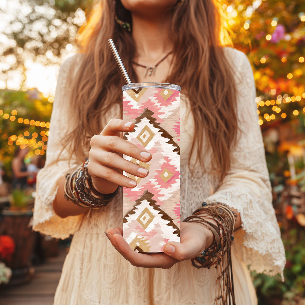 Pink and Blush Aztec 20 oz Grip Handle Tumbler | Western Travel Mug | Boho Southwestern Coffee Cup | Insulated Handle Tumbler | Cowgirl Gift