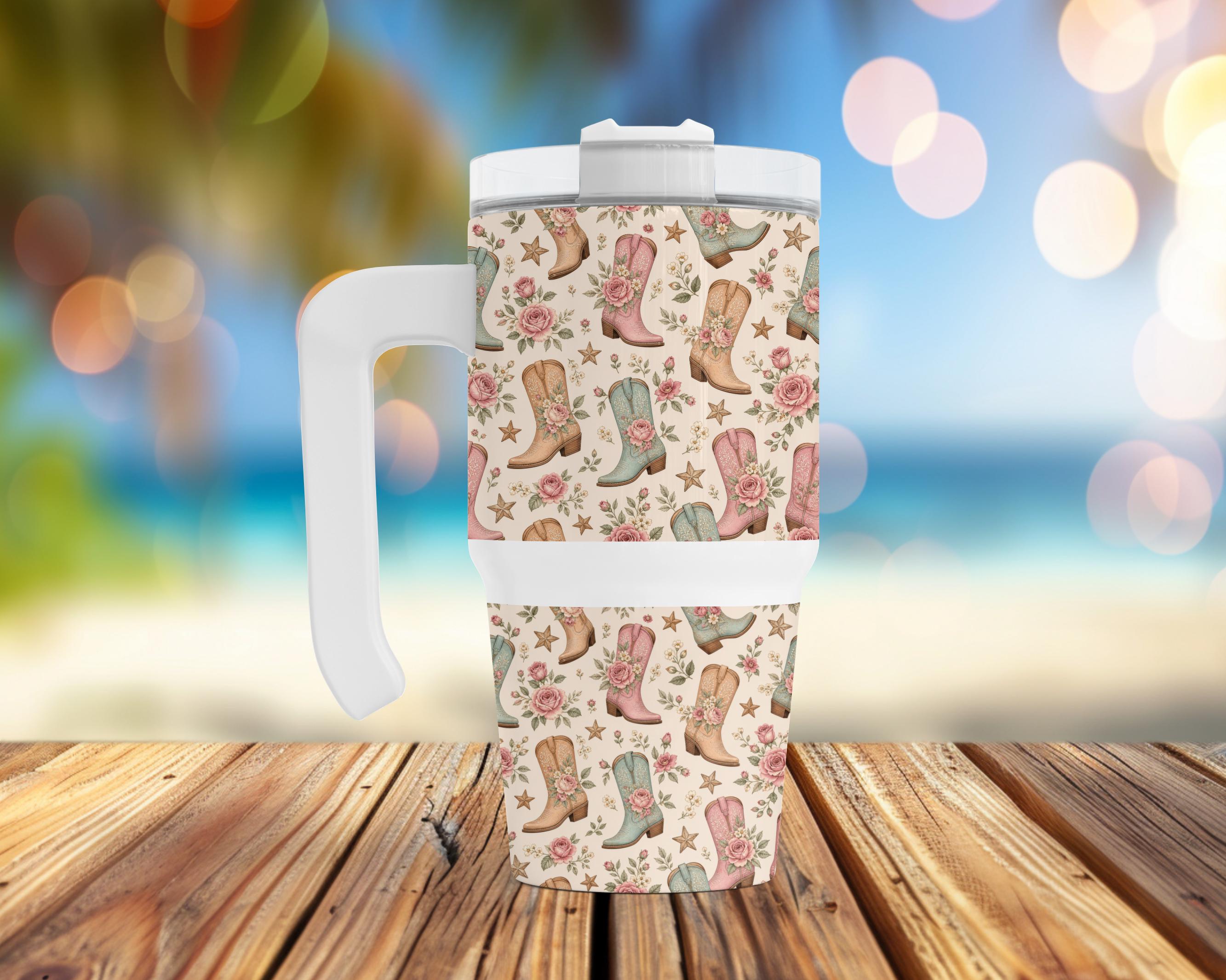Floral Cowboy Boots 20 oz Grip Handle Tumbler | Western Travel Mug | Cowgirl Coffee Cup | Pink Boot Insulated Tumbler | Country Girl Gift