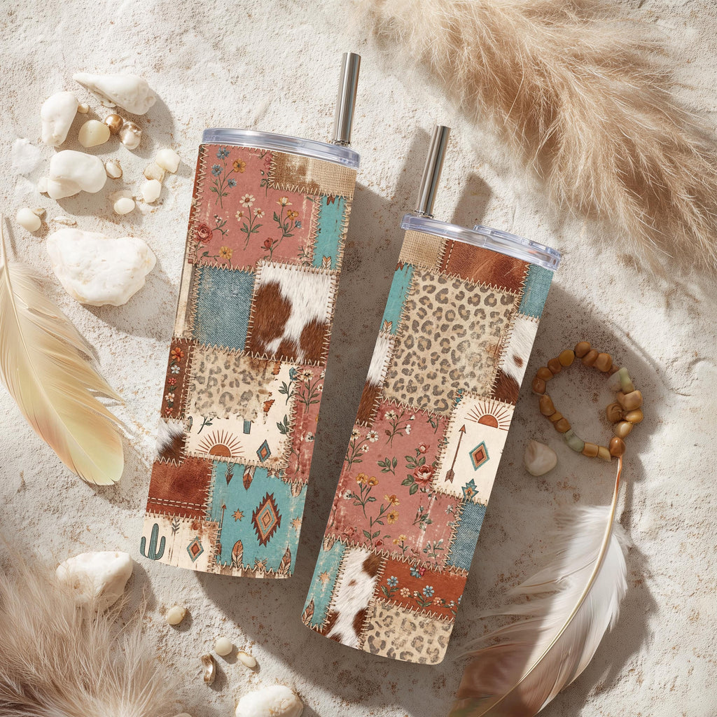 Boho Patchwork 20 oz Skinny Tumbler | Western Cowhide & Leopard Print Tumbler | Rustic Southwest Travel Cup | Country Girl Gift