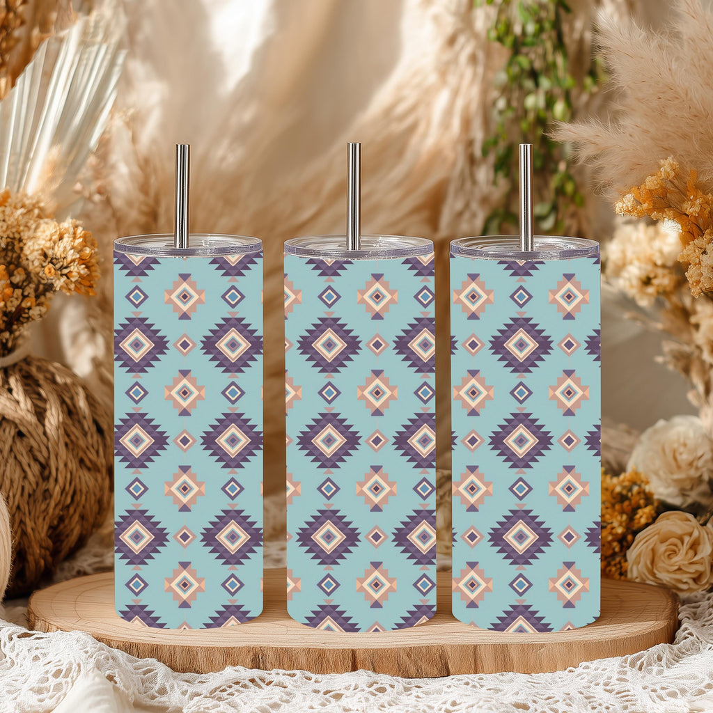 Light Blue Southwestern Aztec 20 oz Skinny Tumbler | Boho Western Stainless Steel Tumbler | Native-Inspired Geometric Pattern | Gift for Her