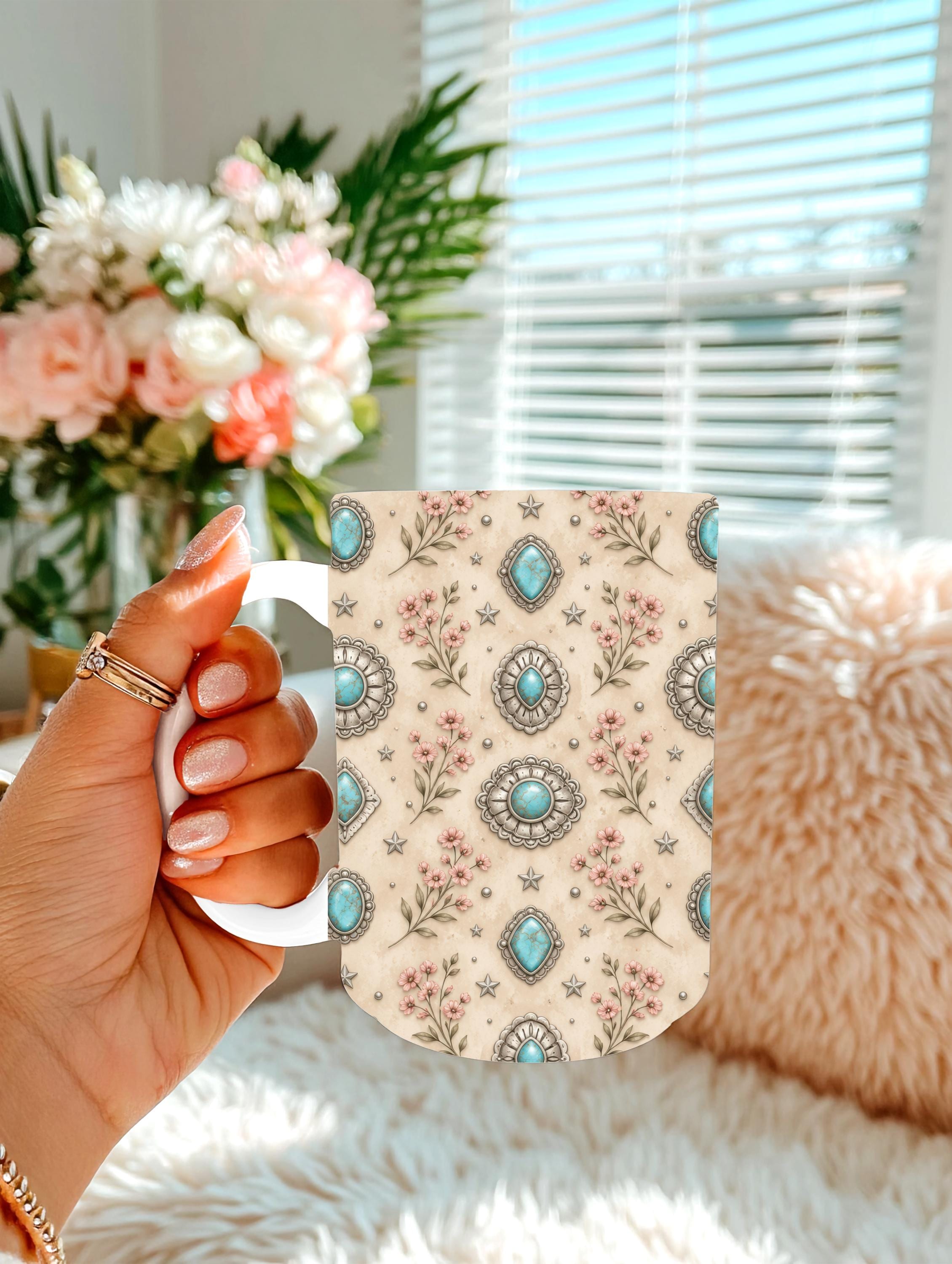 Turquoise Concho & Wildflower 15 oz Coffee Mug