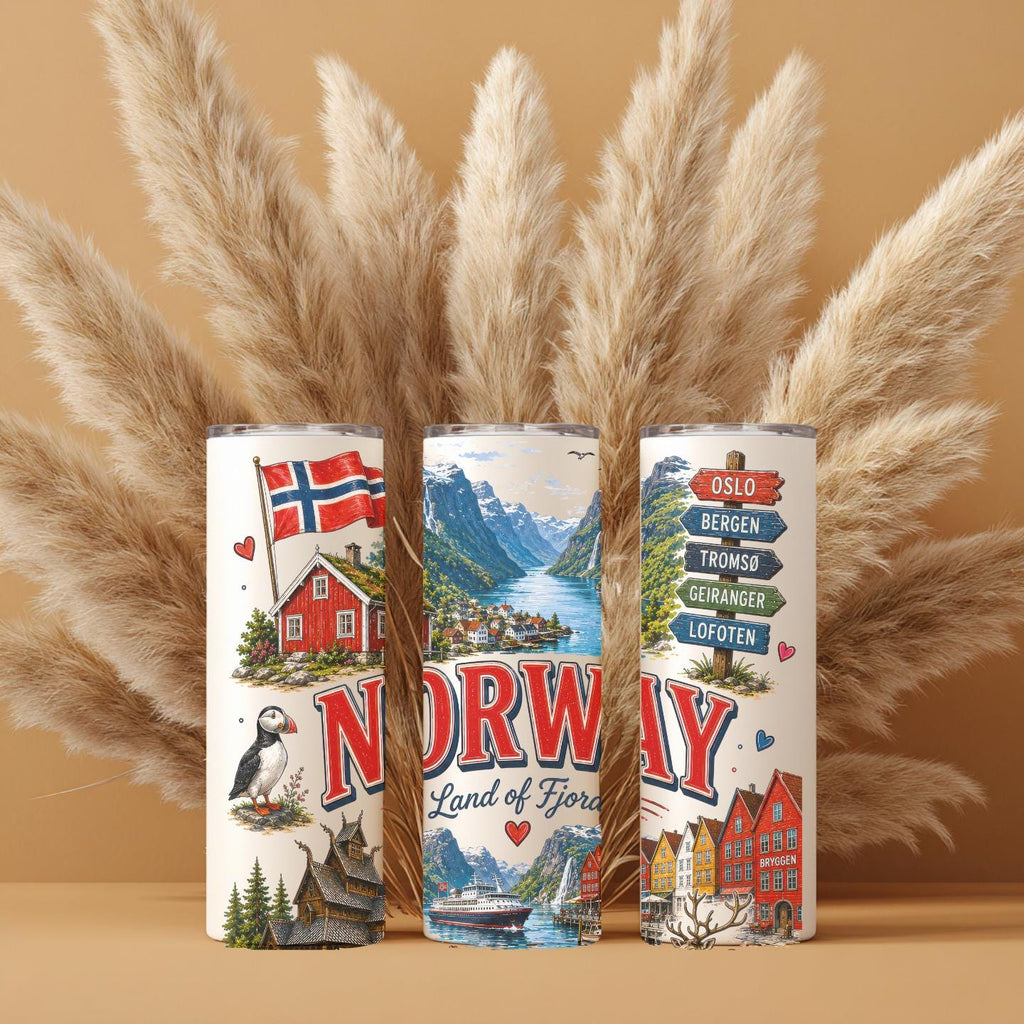 Norway Travel Tumbler | Norwegian Fjords 20 oz Skinny Tumbler | Scandinavian Gift | Norway Souvenir Cup | Nordic Travel Mug