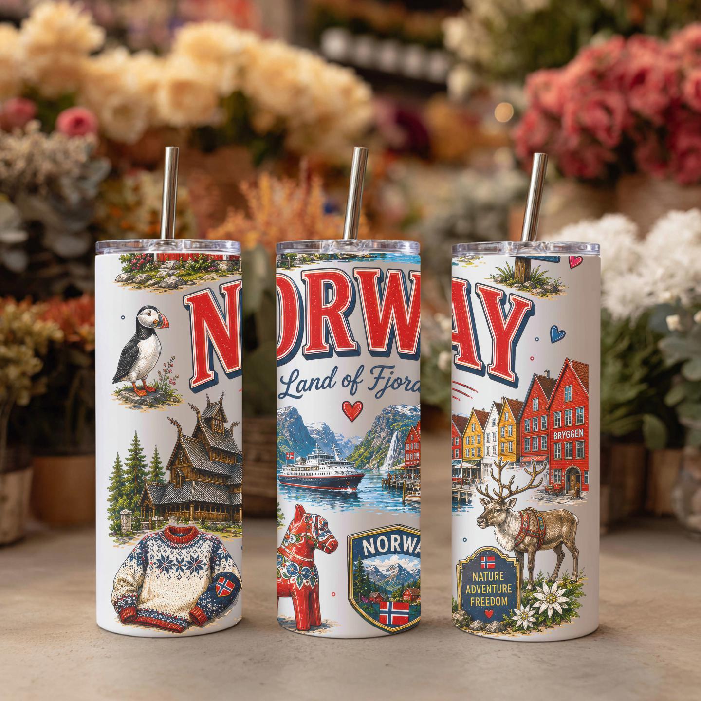 Norway Travel Tumbler | Norwegian Fjords 20 oz Skinny Tumbler | Scandinavian Gift | Norway Souvenir Cup | Nordic Travel Mug