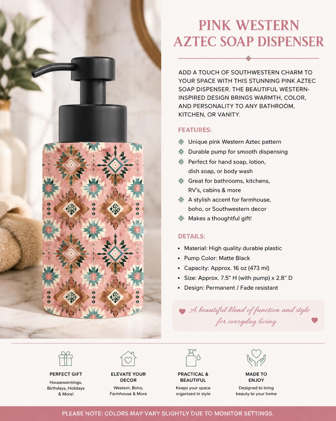 Pink Western Aztec Soap Dispenser – Southwestern Bathroom Décor