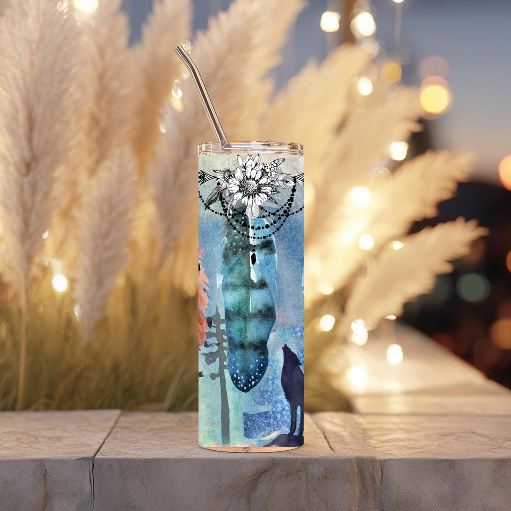 Boho Feather 20 oz Skinny Tumbler | Dreamcatcher-Inspired Feather Tumbler | Native-Inspired Watercolor Design | Stainless Steel Travel Cup