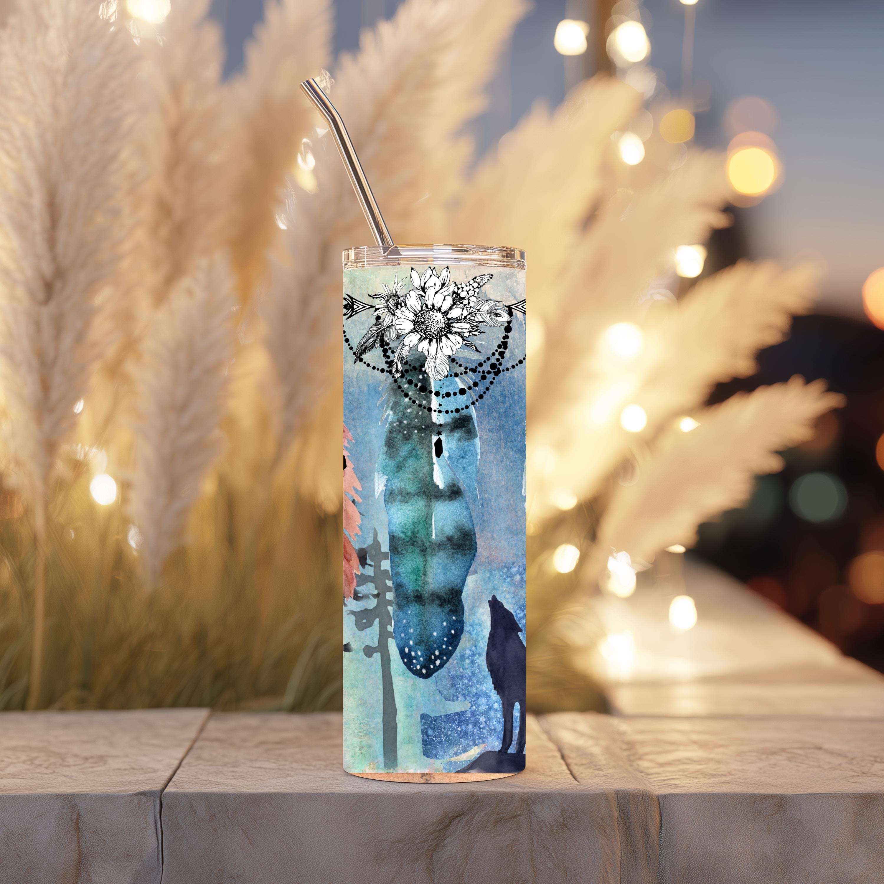 Boho Feather 20 oz Skinny Tumbler | Dreamcatcher-Inspired Feather Tumbler | Native-Inspired Watercolor Design | Stainless Steel Travel Cup