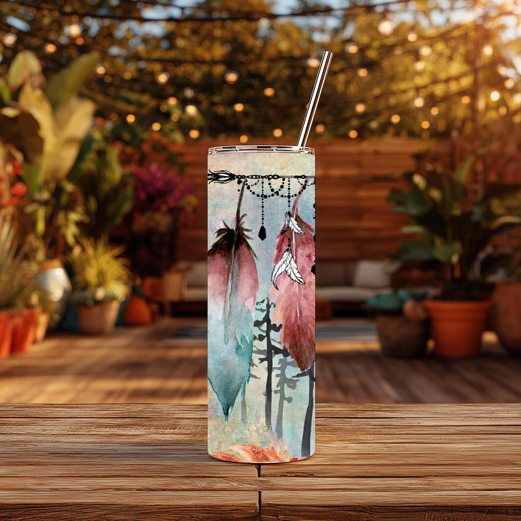 Boho Feather 20 oz Skinny Tumbler | Dreamcatcher-Inspired Feather Tumbler | Native-Inspired Watercolor Design | Stainless Steel Travel Cup