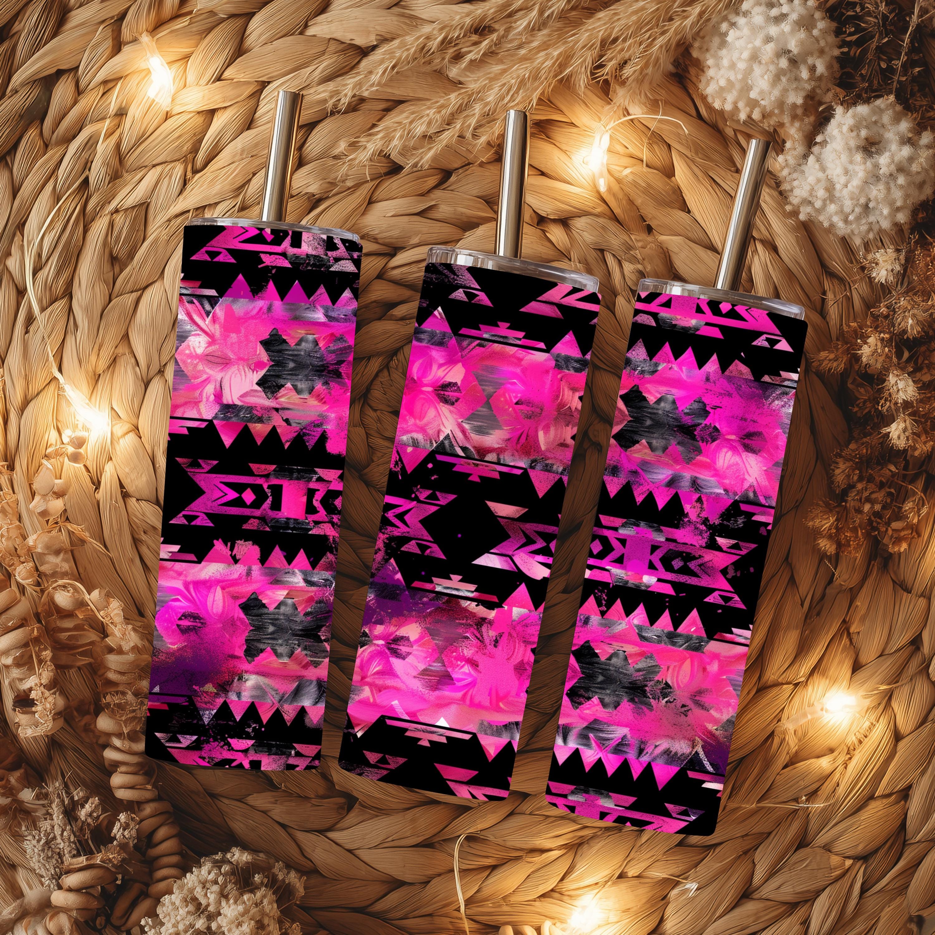 Hot Pink Grunge Aztec Tumbler | 20 oz Skinny Tumbler | Western Floral Tumbler | Hot Pink Southwestern Travel Mug | Cowgirl Gift