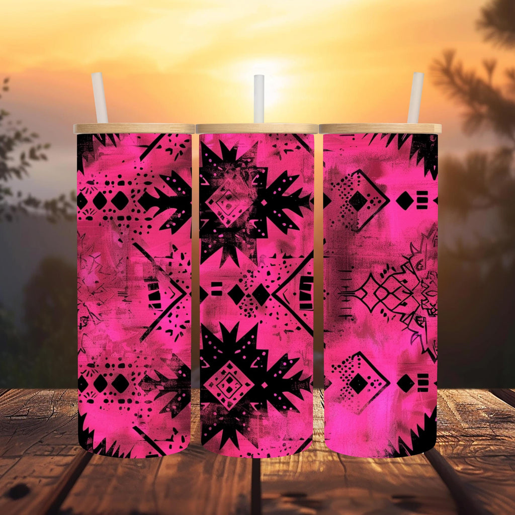 Hot Pink Aztec Glass Tumbler | 20 oz Clear Glass Can | Southwestern Iced Coffee Cup | Boho Bamboo Lid & Straw | Western Gift