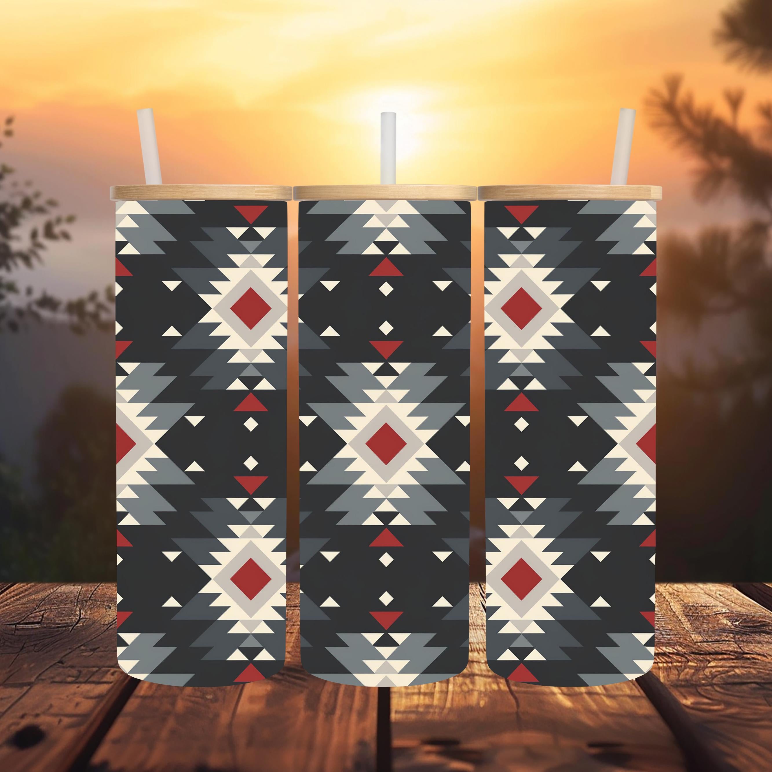 Southwestern Glass Tumbler | 20 oz Clear Glass Can | Black Aztec Iced Coffee Cup | Boho Western Drinkware | Bamboo Lid & Straw