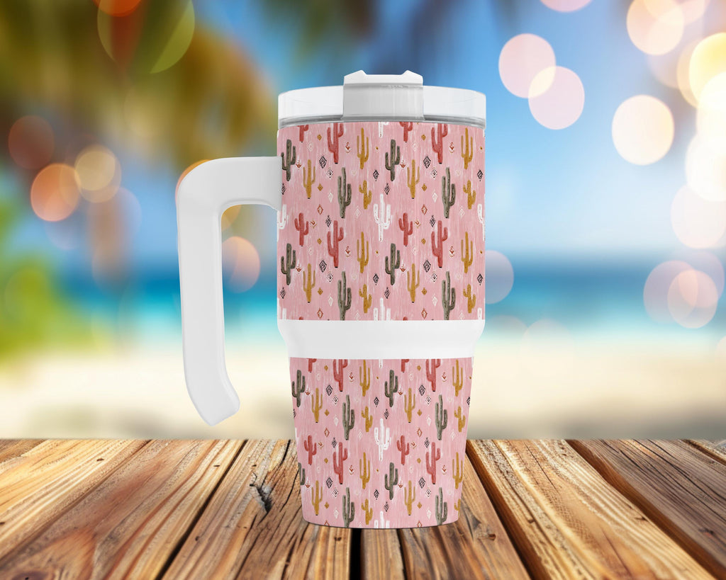 Pink Cactus 20 oz Grip Handle Tumbler | Western Travel Mug | Desert Coffee Cup | Insulated Handle Tumbler | Hot & Cold Drink Cup
