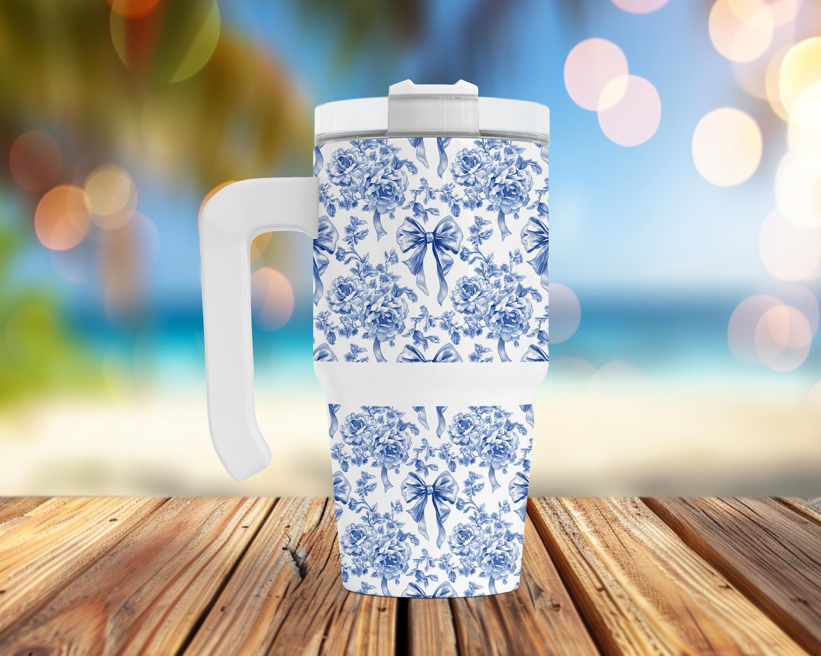 Blue Floral Bow 20 oz Grip Handle Tumbler | Blue Toile Travel Mug | Coquette Coffee Cup | Chinoiserie Floral Tumbler | Gift for Her