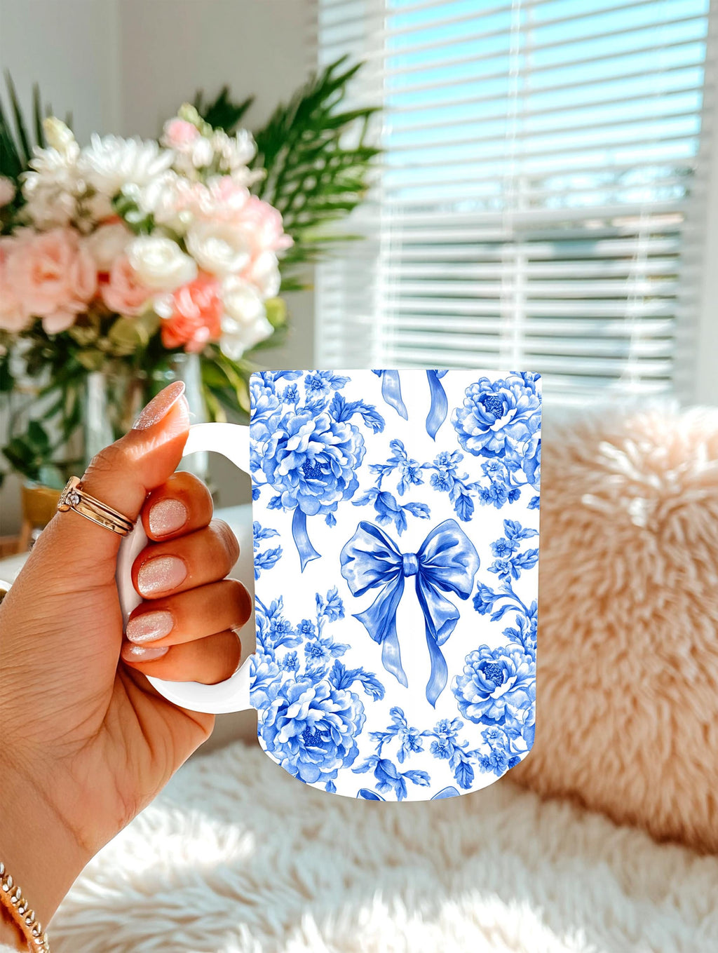 Blue Floral Bow 20 oz Grip Handle Tumbler | Blue Toile Travel Mug | Coquette Coffee Cup | Chinoiserie Floral Tumbler | Gift for Her