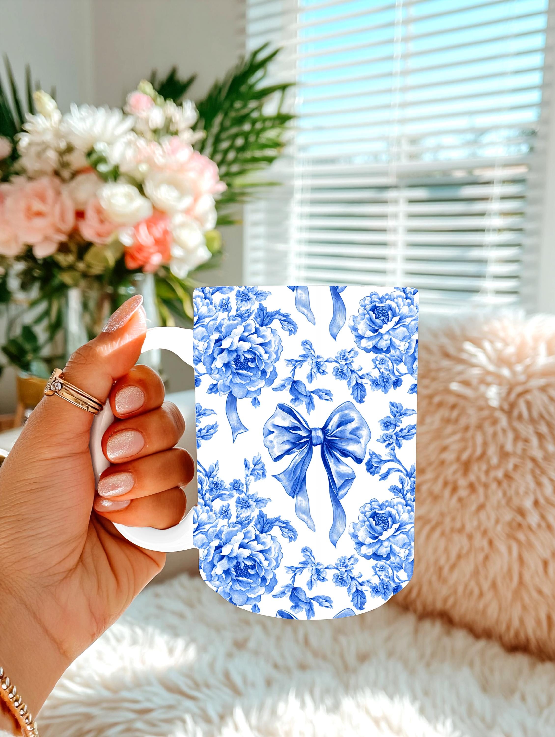 Blue Floral Bow 20 oz Grip Handle Tumbler | Blue Toile Travel Mug | Coquette Coffee Cup | Chinoiserie Floral Tumbler | Gift for Her