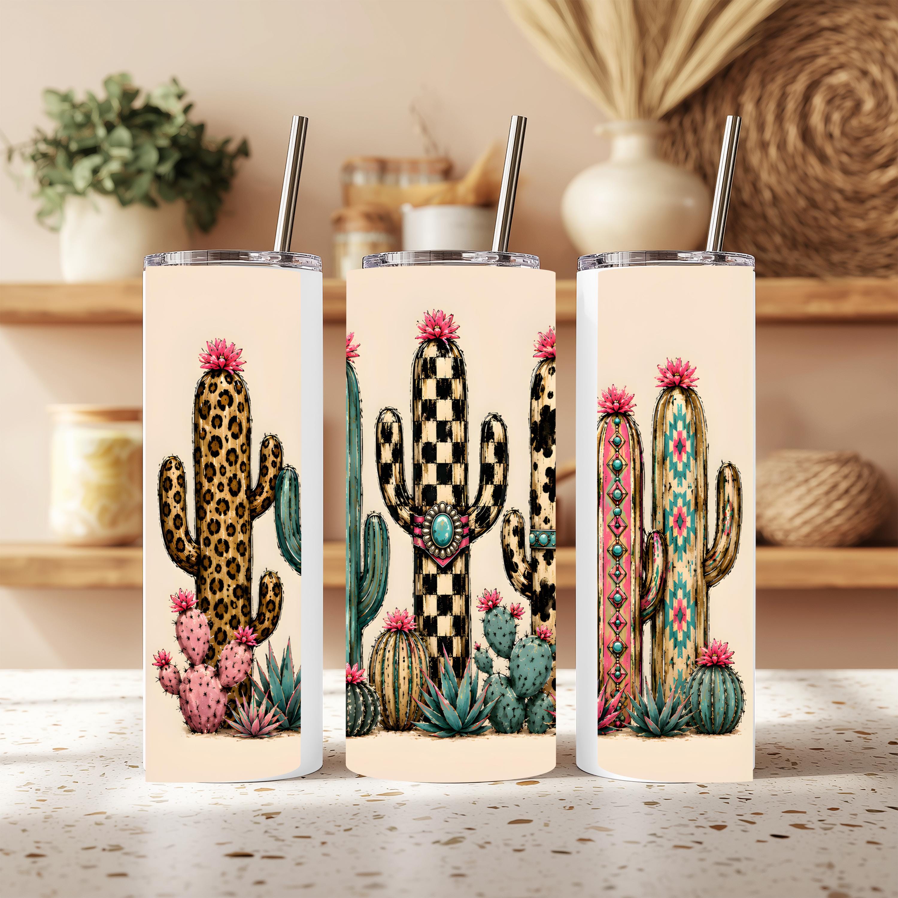Western Cactus 20 oz Skinny Tumbler | Boho Desert Tumbler | Leopard & Checkered Cactus Cup | Southwest Travel Mug | Cowgirl Gift