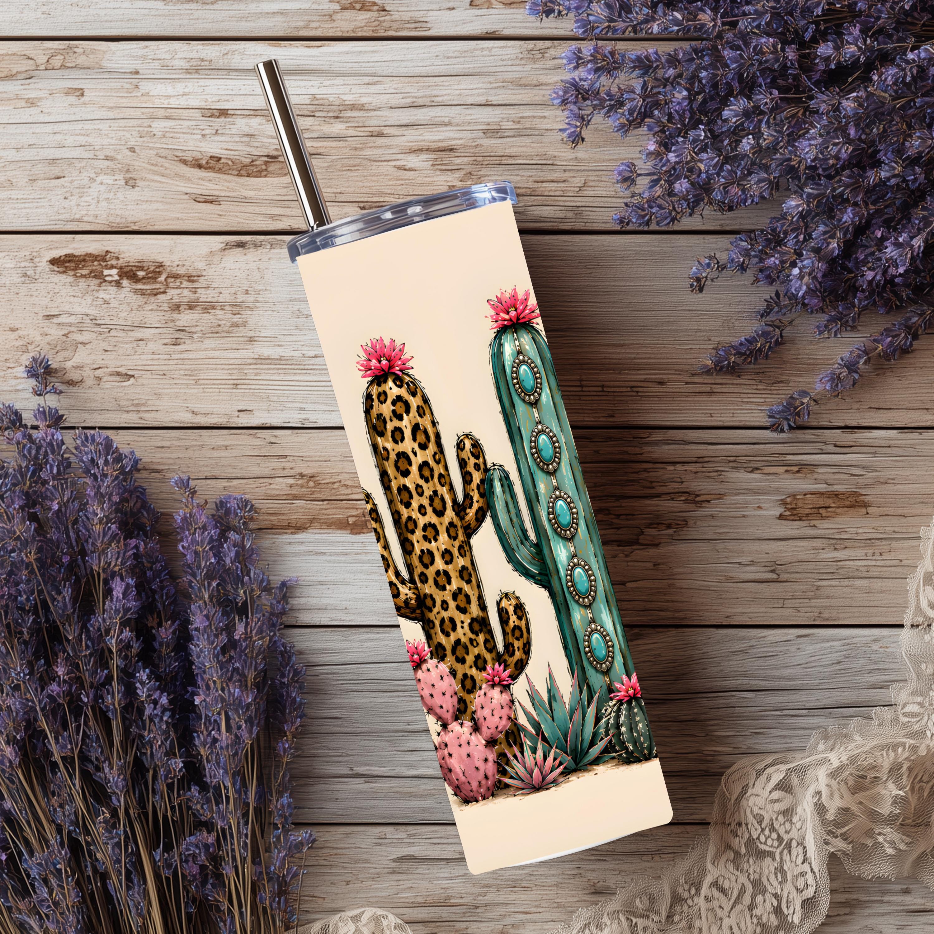 Western Cactus 20 oz Skinny Tumbler | Boho Desert Tumbler | Leopard & Checkered Cactus Cup | Southwest Travel Mug | Cowgirl Gift