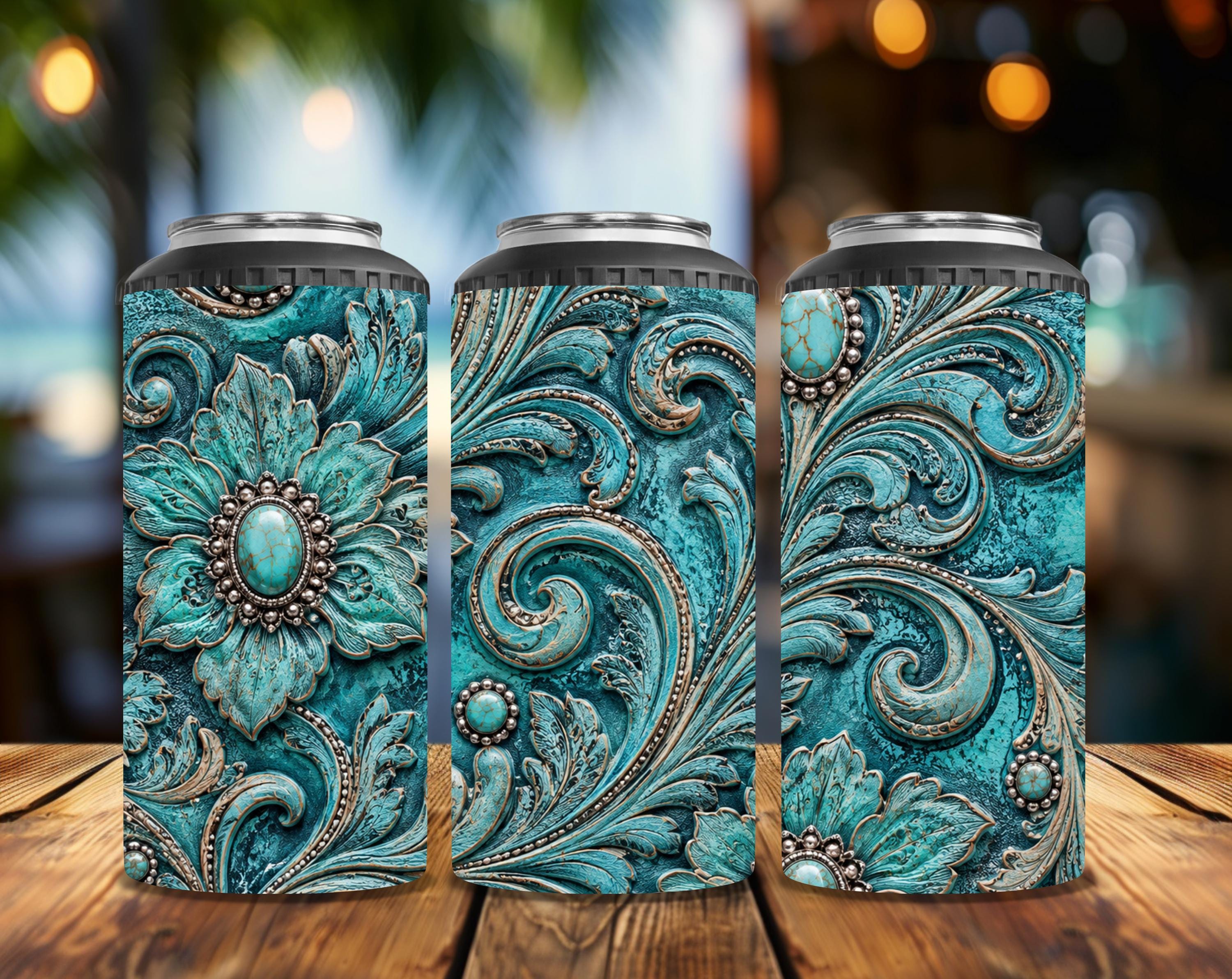 Turquoise Tooled Leather Can Cooler | 4-in-1 Skinny Can Cooler | Western Turquoise Drink Holder | Cowgirl Beverage Cooler | Gift for Her